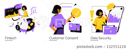 Fintech-themed vector illustration set highlights key concepts: financial technology with a piggy bank, customer consent through data interaction, and data security emphasizing privacy protection. Fintech-themed vector illustration set highlights key concepts: financial technology with a piggy bank, customer consent through data interaction, and data security emphasizing privacy protection. 132551228