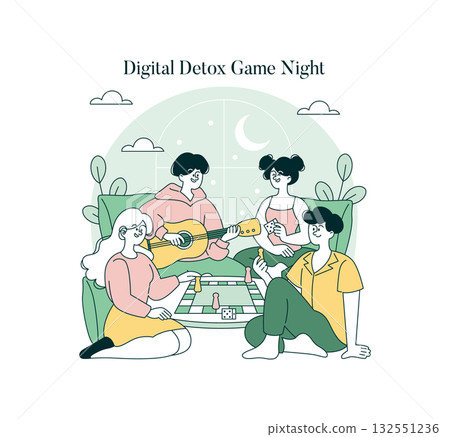 Group of friends enjoying a digital detox by playing board games and guitar, fostering connections without technology. The illustration captures relaxed, joyful interactions. 132551236