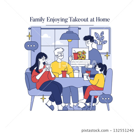 Family gathered around a table enjoying takeout food together in a cozy home setting. The illustration captures a moment of togetherness and joy, with smiling faces and shared enjoyment. 132551240