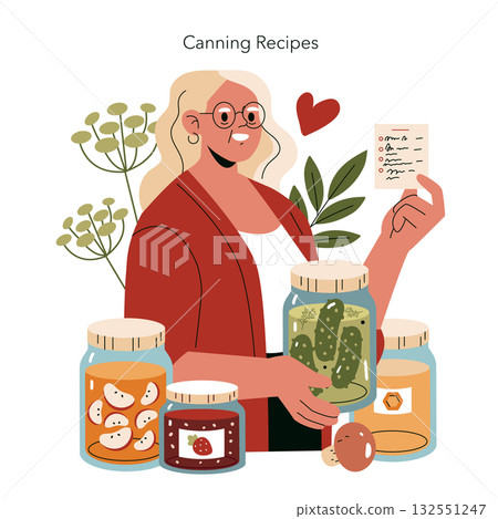 Vector illustration of a smiling woman holding a recipe card, surrounded by jars of homemade preserves. Includes pickles, fruit preserves, and spices, symbolizing DIY food preservation. Vector illustration of a smiling woman holding a recipe card, surrounded by jars of homemade preserves. Includes pickles, fruit preserves, and spices, symbolizing DIY food preservation. 132551247
