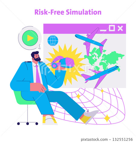Vector illustration of a pilot utilizing virtual reality technology for flight simulation. Shows planes on a global map, indicating training and educational purposes in aviation. 132551256