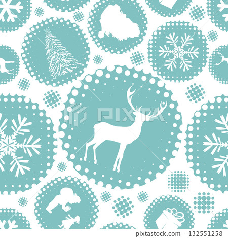 Seamless Christmas background with snowflakes, branches and deer. Not AI. Vector illustration 132551258