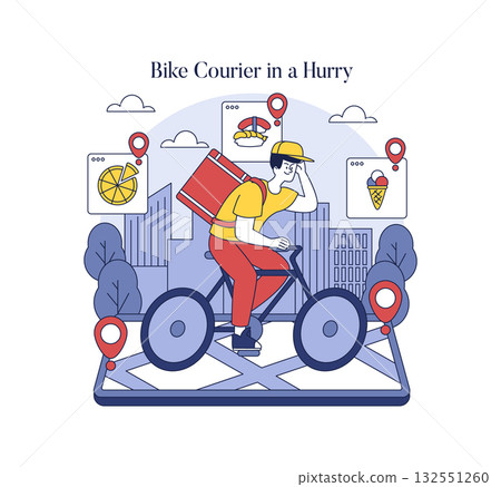 Vector illustration of a bike courier in motion through a city, navigating with delivery app icons. The courier is focused on quick delivery, emphasizing urban transportation efficiency. 132551260