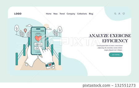 Vector illustration of a heart rate app on a smartphone with a smartwatch. The app displays exercise data and heart rate, with a scenic outdoor background. Ideal for fitness technology themes. 132551273