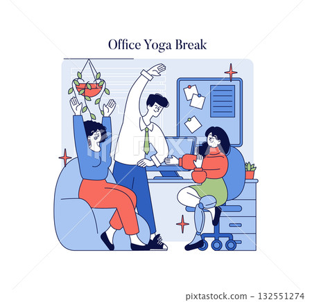 Vector illustration of colleagues taking a yoga break in an office setting, displaying relaxed and happy expressions. Features diverse individuals engaging in stretching exercises. Vector illustration of colleagues taking a yoga break in an office setting, displaying relaxed and happy expressions. Features diverse individuals engaging in stretching exercises. 132551274