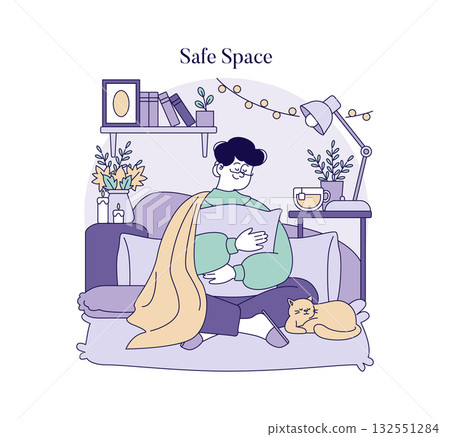 Vector illustration of a person sitting on a couch hugging a pillow, with a cat curled up nearby and a cup of tea on the table. The setting exudes warmth and comfort. 132551284