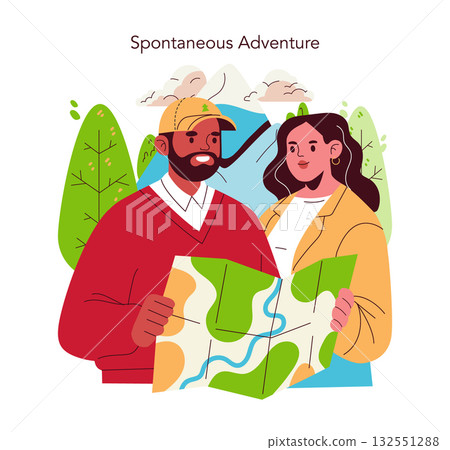 Vector illustration of two people holding a map, planning their journey surrounded by nature. They look engaged and curious, embodying the spirit of exploration and adventure. 132551288