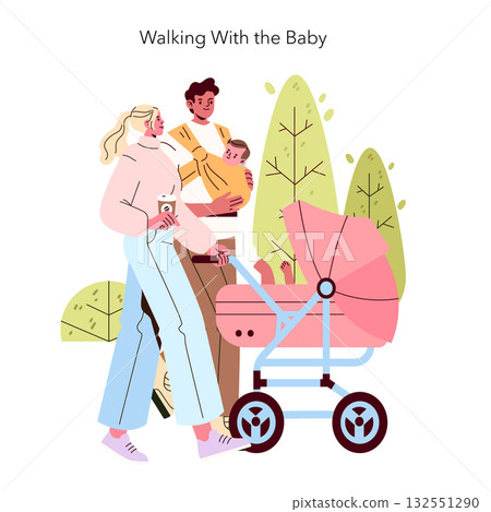 Family enjoying a walk with their baby in a stroller. Parents display smiles and relaxation in an outdoor setting. Vector illustration depicting parenthood and bonding. Family enjoying a walk with their baby in a stroller. Parents display smiles and relaxation in an outdoor setting. Vector illustration depicting parenthood and bonding. 132551290