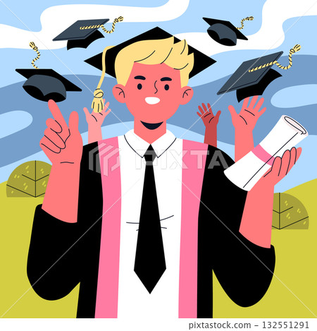 Joyful graduate in cap and gown holds a diploma while tossing graduation caps in the air. The image captures the excitement of achieving an academic milestone. Vector illustration. Joyful graduate in cap and gown holds a diploma while tossing graduation caps in the air. The image captures the excitement of achieving an academic milestone. Vector illustration. 132551291