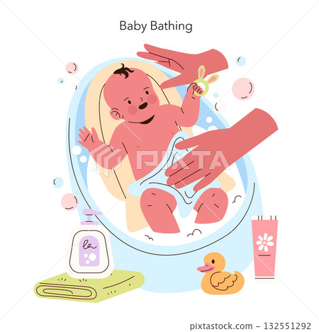 Baby enjoying bath time, playfully interacting with a rubber duck and bath essentials. Features a joyful expression, vibrant colors, and includes soap, towel, and bubbles in a playful setting. Baby enjoying bath time, playfully interacting with a rubber duck and bath essentials. Features a joyful expression, vibrant colors, and includes soap, towel, and bubbles in a playful setting. 132551292