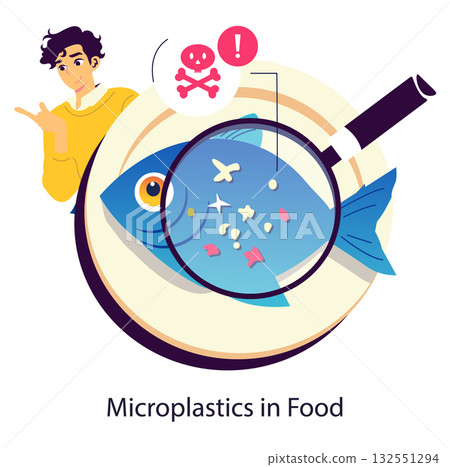 Vector illustration depicting a plate with a fish containing microplastics observed through a magnifying glass. Highlights environmental concerns of plastic pollution in marine life and seafood safety 132551294