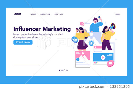 Influencer marketing vector illustration showing diverse individuals interacting positively with social media elements, highlighting digital connectivity and user engagement dynamics. Influencer marketing vector illustration showing diverse individuals interacting positively with social media elements, highlighting digital connectivity and user engagement dynamics. 132551295