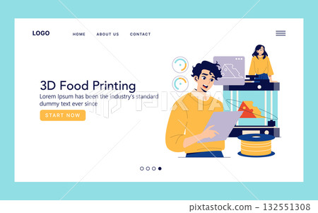 Vector illustration of two people interacting with 3D food printing technology on a website layout. Concept highlights advanced technology in culinary arts and innovative design. 132551308