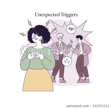 Vector illustration depicting a person's emotional response to a loud argument. The person appears stressed and overwhelmed while a heated exchange occurs in the background. Vector illustration depicting a person's emotional response to a loud argument. The person appears stressed and overwhelmed while a heated exchange occurs in the background. 132551312