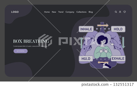 Vector illustration of a person practicing box breathing technique with labeled inhale, hold, and exhale steps. Calming and instructional design ideal for mindfulness presentations. 132551317