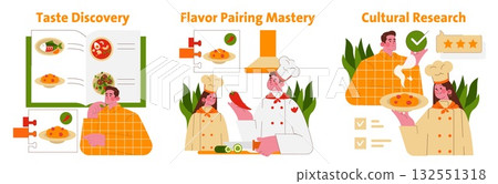 Vector illustration depicting chefs engaged in culinary exploration and cultural research. Includes a taste discovery book, flavor pairing mastery, and cultural study with vibrant expressions. 132551318