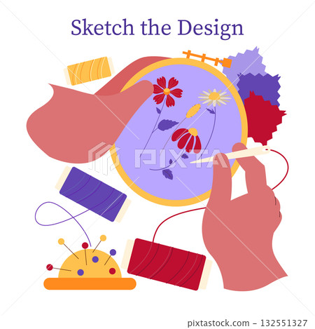 Vector illustration showcasing a creative embroidery process with hands working on floral designs in a hoop surrounded by colorful threads and pins, highlighting crafting art. Vector illustration showcasing a creative embroidery process with hands working on floral designs in a hoop surrounded by colorful threads and pins, highlighting crafting art. 132551327