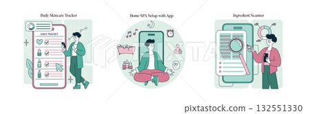 Vector illustration depicting a person using a skincare tracker app, a home spa setup with digital relaxation elements, and an ingredient scanner for personalized skincare routines. Vector illustration depicting a person using a skincare tracker app, a home spa setup with digital relaxation elements, and an ingredient scanner for personalized skincare routines. 132551330