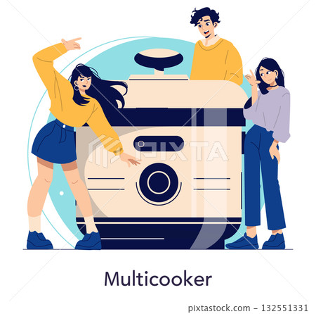 Vector illustration of a joyful group of people interacting with a giant multicooker, highlighting the excitement of modern cooking technology. Suitable for kitchen appliance concepts. Vector illustration of a joyful group of people interacting with a giant multicooker, highlighting the excitement of modern cooking technology. Suitable for kitchen appliance concepts. 132551331