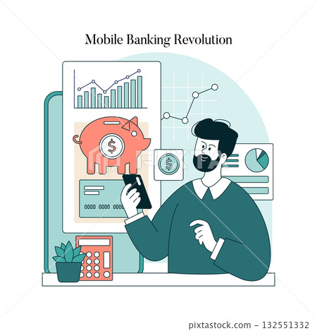 Vector illustration of a person using a smartphone for mobile banking. Depicts financial technology with graphs, charts, and digital elements highlighting modern banking solutions. Vector illustration of a person using a smartphone for mobile banking. Depicts financial technology with graphs, charts, and digital elements highlighting modern banking solutions. 132551332