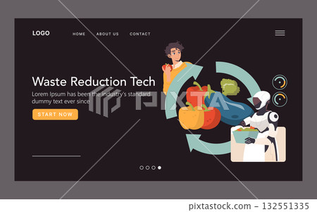 Vector illustration depicting waste reduction technology with a robot holding a box of vegetables. Arrows signify recycling and sustainability in reducing food waste efficiently. 132551335