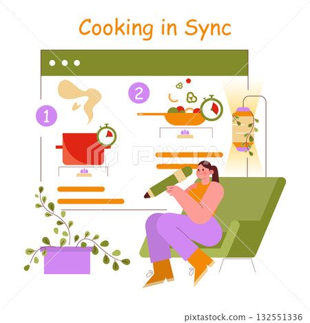 Vector illustration depicting a person coordinating a cooking process with a digital diagram. The illustration includes cooking steps, kitchen elements, and a relaxed individual planning. 132551336