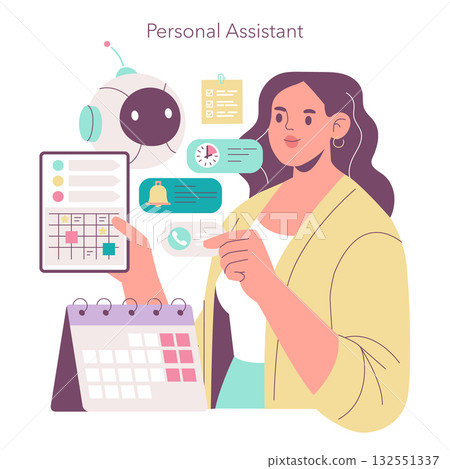 Vector illustration of a personal assistant interacting with a digital interface. Illustrated features include a robotic assistant, scheduling tools, and communication icons. Vector illustration of a personal assistant interacting with a digital interface. Illustrated features include a robotic assistant, scheduling tools, and communication icons. 132551337