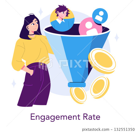 Vector illustration of a marketing funnel depicting engagement rate. A person observes user profiles entering a funnel, symbolizing conversion and revenue improvement. 132551350
