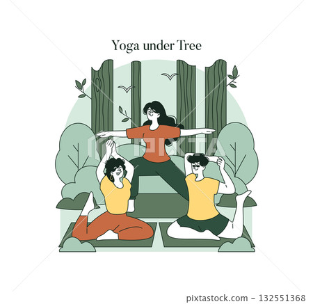 Vector illustration of three people practicing yoga under a tree with calm expressions. The serene environment enhances their focus and relaxation during the group session. 132551368