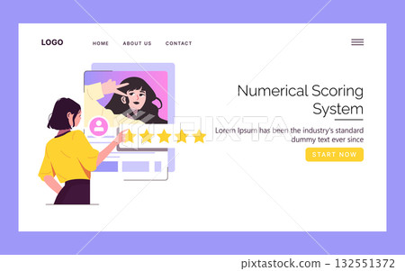 Vector illustration showing a person rating online content using a five-star numerical scoring system on a website. The scene highlights user interaction and feedback evaluation. 132551372