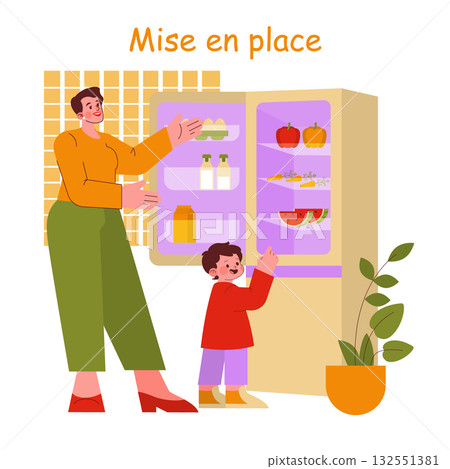 A mother and child are organizing items in a refrigerator with visible food and drink. The child points while the mother gestures. Bright colors and playful interaction enrich this vector illustration A mother and child are organizing items in a refrigerator with visible food and drink. The child points while the mother gestures. Bright colors and playful interaction enrich this vector illustration 132551381