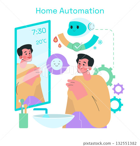 Vector illustration of a smart mirror displaying weather and time as a person begins their morning routine. The automated system interacts with the user, enhancing home automation. Vector illustration of a smart mirror displaying weather and time as a person begins their morning routine. The automated system interacts with the user, enhancing home automation. 132551382