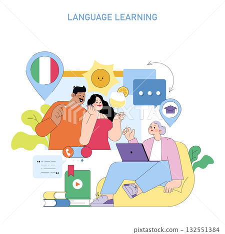 Vector illustration of people engaging in language learning with digital tools. Features vibrant icons like speech bubbles, a graduation cap, and a location pin representing Italian language study. Vector illustration of people engaging in language learning with digital tools. Features vibrant icons like speech bubbles, a graduation cap, and a location pin representing Italian language study. 132551384