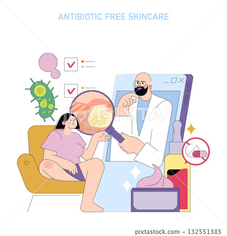A woman consults a doctor online about skincare, focusing on antibiotic-free solutions. The doctor examines her skin issues through a magnifying glass. Vector illustration emphasizes modern A woman consults a doctor online about skincare, focusing on antibiotic-free solutions. The doctor examines her skin issues through a magnifying glass. Vector illustration emphasizes modern 132551385