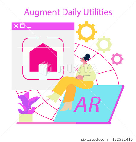 Vector illustration of a person engaging with augmented reality to improve daily utilities. Colorful gears and digital icons emphasize technology and innovation in everyday tasks. 132551416