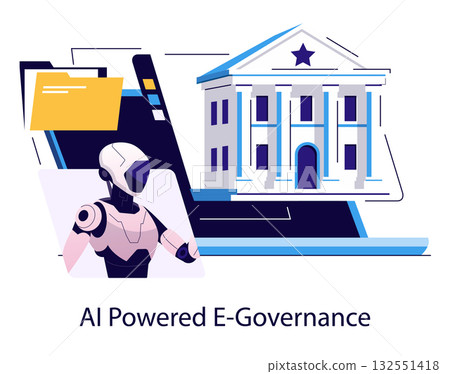 Vector illustration depicting AI in e-governance with a humanoid robot, a government building, and digital files, highlighting technology's role in modern governmental operations. 132551418