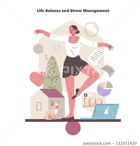 Vector illustration of a woman practicing balance on a beam with charts, laptop, and dog, symbolizing life balance and stress management. Calm expression and focused demeanor. Vector illustration of a woman practicing balance on a beam with charts, laptop, and dog, symbolizing life balance and stress management. Calm expression and focused demeanor. 132551420
