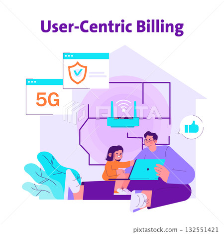 Vector illustration of a family exploring user-centric billing on a tablet. Displays 5G connectivity and secure payments, indicating modern technology use in household. 132551421