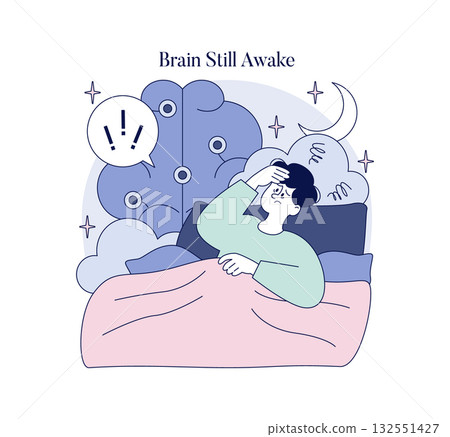 Vector illustration of a person struggling to sleep, holding their head in frustration against a night-themed background with clouds and exclamation marks, representing insomnia. Vector illustration of a person struggling to sleep, holding their head in frustration against a night-themed background with clouds and exclamation marks, representing insomnia. 132551427