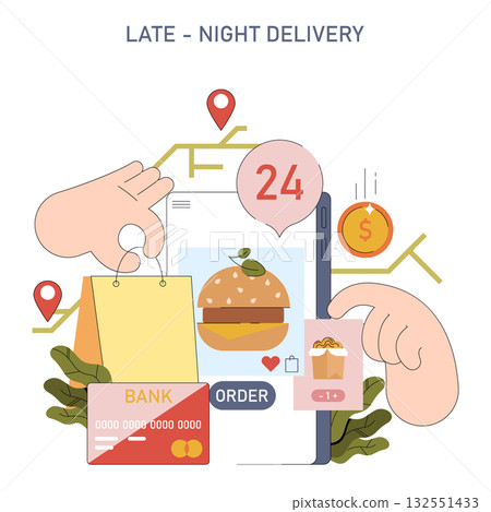 Vector illustration depicting a late-night food delivery service. A smartphone display shows a burger order being processed, with a hand holding a takeaway bag and credit card symbols. Vector illustration depicting a late-night food delivery service. A smartphone display shows a burger order being processed, with a hand holding a takeaway bag and credit card symbols. 132551433