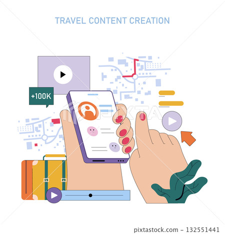 Vector illustration of hands using a smartphone for travel content creation. Includes map, icons, and social media elements symbolizing digital interaction and media engagement. Vector illustration of hands using a smartphone for travel content creation. Includes map, icons, and social media elements symbolizing digital interaction and media engagement. 132551441