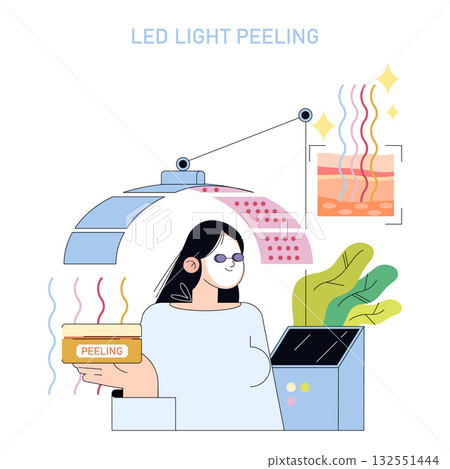 Vector illustration of a woman undergoing an LED light peeling treatment. The illustration highlights the skincare process with LED technology, emphasizing rejuvenation and relaxation. Vector illustration of a woman undergoing an LED light peeling treatment. The illustration highlights the skincare process with LED technology, emphasizing rejuvenation and relaxation. 132551444