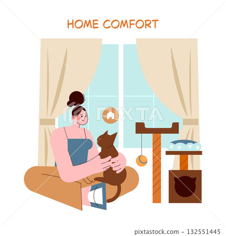 Vector illustration of a woman sitting by a window, affectionately holding her cat. A cozy setting with curtains and cat furniture emphasizes a peaceful home atmosphere. Vector illustration of a woman sitting by a window, affectionately holding her cat. A cozy setting with curtains and cat furniture emphasizes a peaceful home atmosphere. 132551445