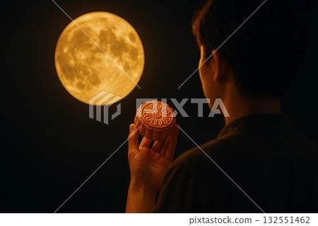 Person Holding Golden Mooncake Under Moonlight 132551462