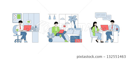 Vector illustration set showing a person working in an office, another on a sofa with a laptop, and a meeting between a man and woman. Ideal for business and remote work concepts. 132551463