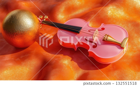 Pink Violin On A Golden Ball In An Orange Background 132551518