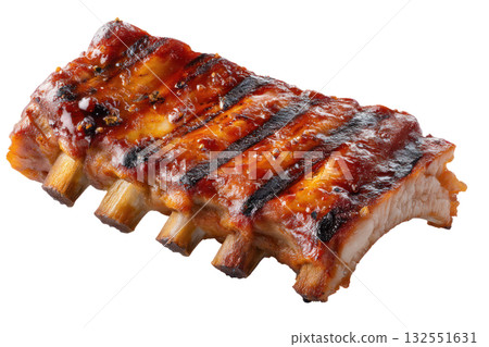 Juicy barbecue ribs glazed with rich sauce, showcasing tender meat and crispy edges, perfect for culinary delights. Isolated on transparent background. 132551631