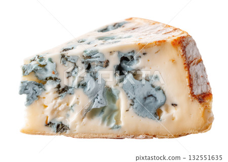 Close-up of blue cheese wedge showcasing rich textures and marbled veins, highlighting gourmet culinary ingredients for food enthusiasts and chefs. Isolated on transparent background. 132551635