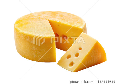 Round cheese wheel with a wedge cut out, showcasing smooth texture and holes, perfect for culinary presentations and gourmet dishes. Isolated on transparent background. 132551645