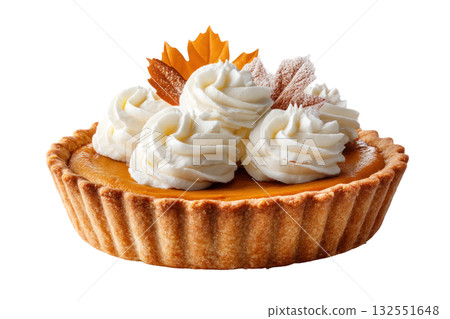 Pumpkin pie topped with whipped cream and decorative leaves, showcasing a delicious dessert perfect for autumn celebrations and festive gatherings. Isolated on transparent background. 132551648